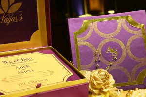 Closeup purple golden wedding box
