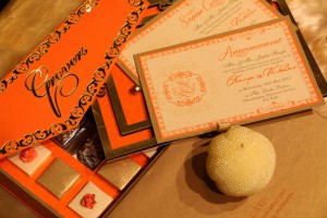 elegant orange golden acrylic wedding cards