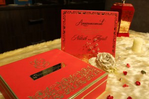 modern designer red gold wedding invitation
